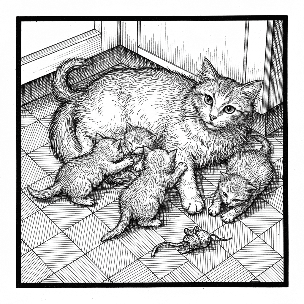 momma cat and kittens relaxing on the kitchen floor