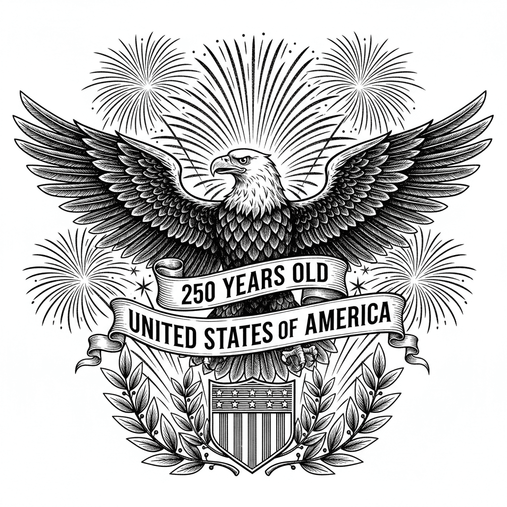 250 years old the united states of America with a Bald Eagle and fireworks