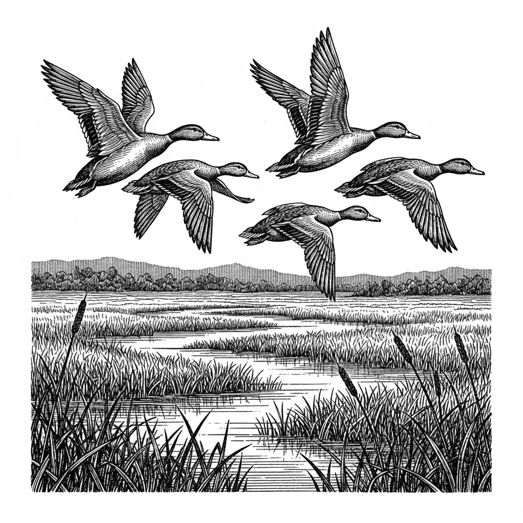 ducks flying over a marsh