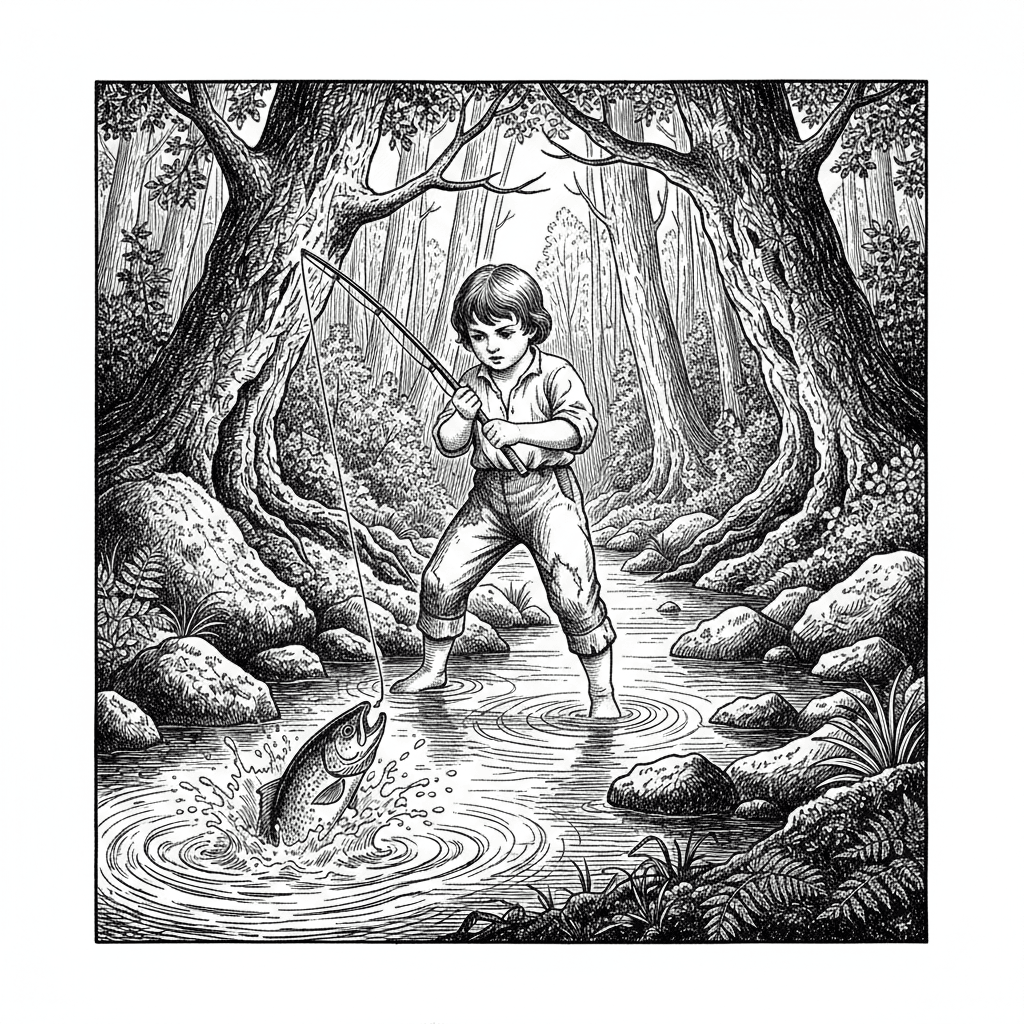 young child reeling in fish in a forest stream