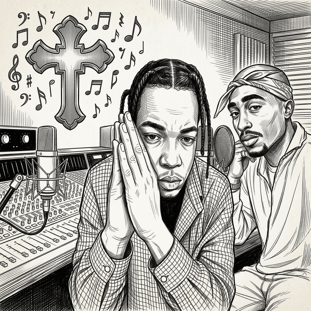 Put the person on the right in the studio with tupac (on the right) put the cross with music symbols in the top left corner of the photo on the left where there's an empty space