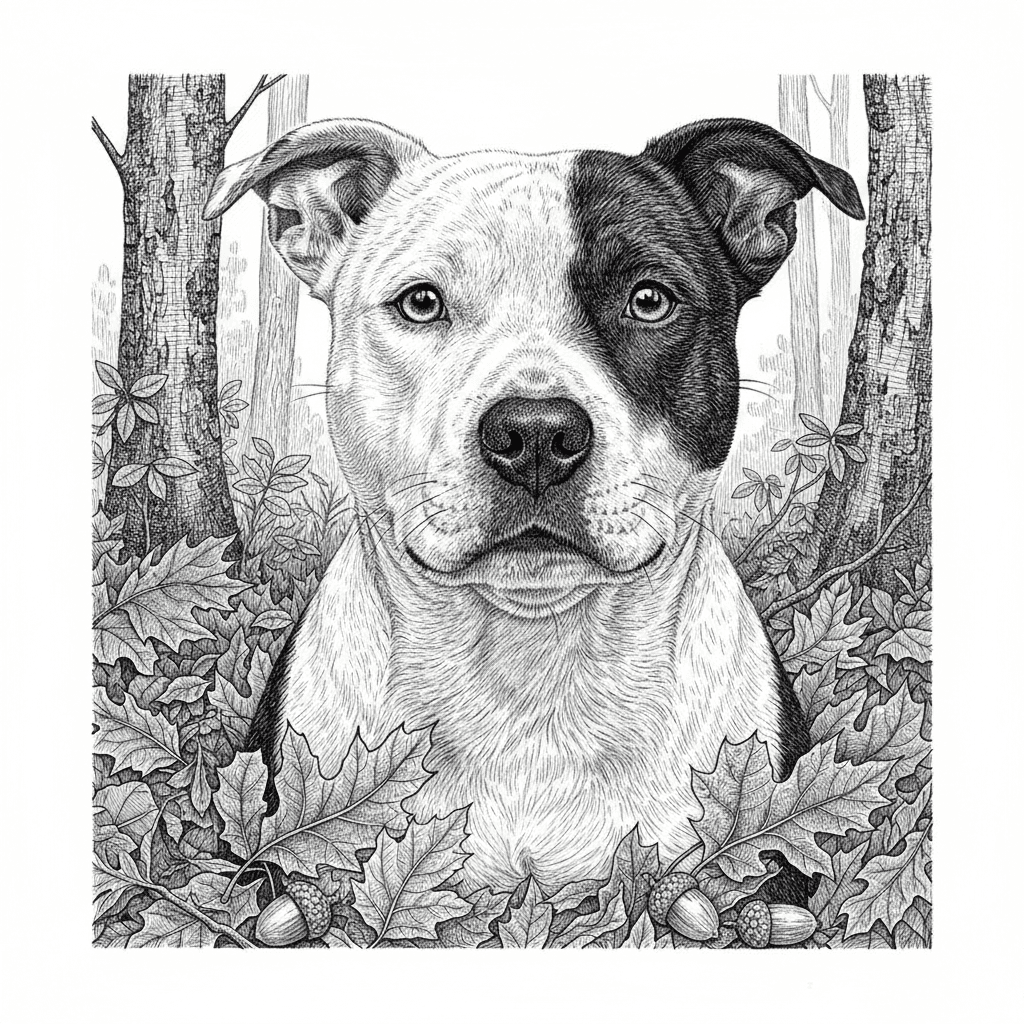 A captivating pencil portrait of a white Staffordshire bull terrier with black spots and black around right eye in an autumn setting, executed with exceptional realism on white background using graphite pencils. Render the dogs distinctive facial features with its alert, intelligent expression, floppy ears, and bright eyes showing curiosity and love. The fur should be meticulously detailed showing the characteristic white and black tones through varied gray values, white chest and throat with soft fluffy texture. Use thousands of individual pencil strokes to create realistic fur direction and layering. Position the dog among fallen autumn leaves with each leaf showing detailed vein structure, curled edges, and varied tones suggesting different stages of decay. Include acorns, twigs, and forest floor debris with authentic textures. Add background elements like tree trunks with bark detail and soft-focus woodland vegetation. The dogs whiskers should be drawn as fine, delicate lines. Use sophisticated shading to show the three-dimensional form of the animal and create separation between subject and background. This portrait should capture the dog's characteristic alertness and beauty with gallery-quality artistry.