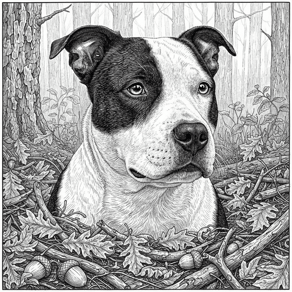 A captivating pencil portrait of a white Staffordshire bull terrier with black spots and black around right eye in an autumn setting, executed with exceptional realism on white background using graphite pencils. Render the dogs distinctive facial features with its alert, intelligent expression, floppy ears, and bright eyes showing curiosity and love. The fur should be meticulously detailed showing the characteristic white and black tones through varied gray values, white chest and throat with soft fluffy texture. Use thousands of individual pencil strokes to create realistic fur direction and layering. Position the dog among fallen autumn leaves with each leaf showing detailed vein structure, curled edges, and varied tones suggesting different stages of decay. Include acorns, twigs, and forest floor debris with authentic textures. Add background elements like tree trunks with bark detail and soft-focus woodland vegetation. The dogs whiskers should be drawn as fine, delicate lines. Use sophisticated shading to show the three-dimensional form of the animal and create separation between subject and background. This portrait should capture the dog's characteristic alertness and beauty with gallery-quality artistry.