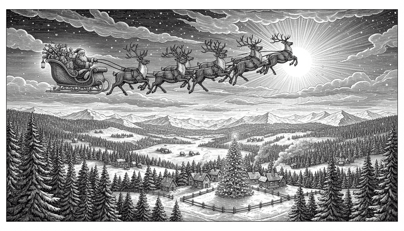 Create an ultra-wide, panoramic black-and-white vector engraving (90 cm width ratio) of an epic Christmas night landscape. In the sky, Santa Claus flies across the entire panorama in an ornate sleigh pulled by a team of powerful reindeer in dynamic motion, each one uniquely detailed with muscles, fur texture, and wind-swept movement. The sleigh should glow with lanterns (indicated by subtle line-based highlights) and contain a large, overflowing sack of gifts illustrated with rich cross-hatching.
Below Santa, depict a sweeping winter valley stretching across the whole width: snow-covered pine forests, rolling hills, frozen lakes reflecting moonlight, distant mountain ranges, and tiny villages with softly illuminated windows. Include one central village with multiple houses, chimneys releasing delicate smoke, wooden fences, and a large, decorated Christmas tree glowing through engraving-line shimmer effects.
Fill the sky with an ultra-rich star field, swirling clouds, a radiant full moon, and gentle snowfall rendered with a mix of stippling and micro-lines. Add atmospheric depth using layered shading — foreground darker and richer, background lighter with fine line density.
Use classic engraving techniques: cross-hatching, stippling, directional line shading, micro-texture, and varied line weight. No gray fills — only pure vector linework. The final composition must feel cinematic, majestic, magical, and extremely detailed across the entire 90 cm width, optimized for high-resolution laser engraving on wood or MDF.