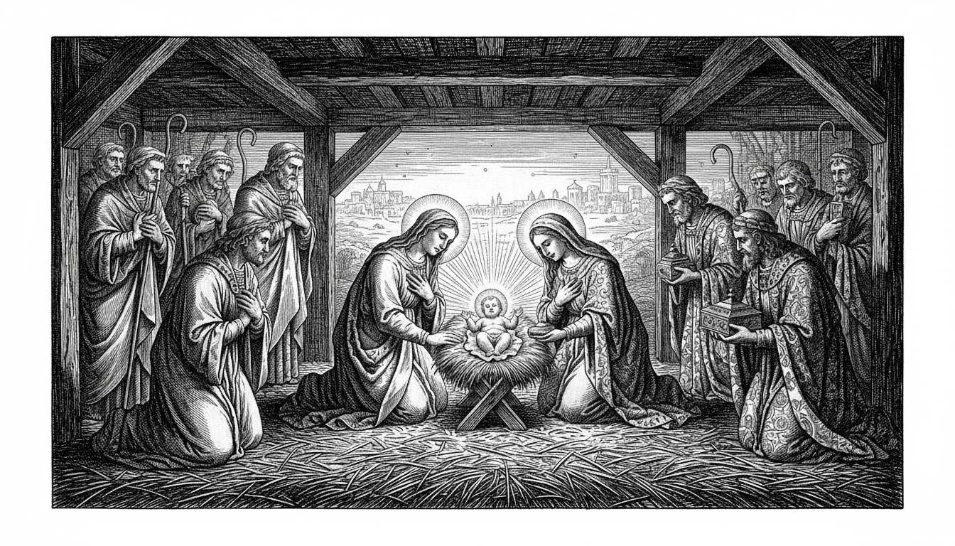 Create an ultra-detailed, full-scene Nativity engraving with cinematic lighting and deep emotional atmosphere. Use hyper-realistic shading made entirely from dense cross-hatching and micro-line texture.
Scene: Mary and Joseph kneeling beside the manger, illuminated by a single radiant light source from baby Jesus, creating strong chiaroscuro (dramatic light/dark contrast). Surround them with multiple figures: shepherds on the left, Magi on the right wearing richly detailed robes with ornate patterns rendered through layered engraving textures.
Depict straw on the ground with overlapping fine-line bundles, and dark wooden beams above with cracks and texture. Add a soft background opening showing a faint distant town under night sky.
Emphasize expressive faces, flowing fabric folds, jewelry patterns, and deep shadows behind the figures. Create a warm, sacred focal glow through directional engraving rays only (no gray fills).
The entire artwork should feel like a cinematic painting translated into a vintage master engraving — deep, emotional, atmospheric, extremely detailed, and optimized for large-format laser engraving.