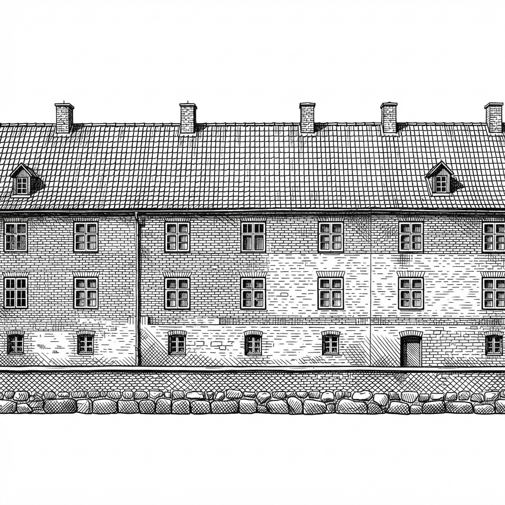 do a line drawing of this castle, no beautifications or modifications and focus on the building, almost architectural drawing, more details and remove other buildings and trees and make it look like the actual building