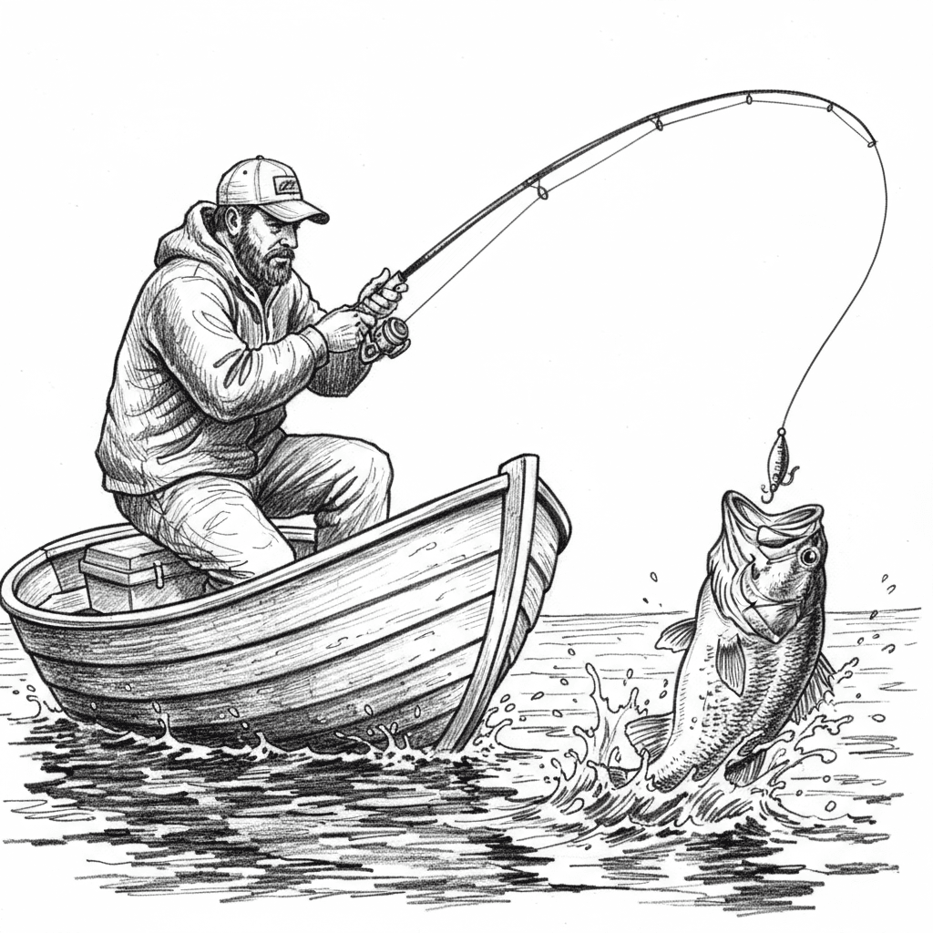 highly detailed of a man in a boat fishing in a lake. fishing for a bass with some action.