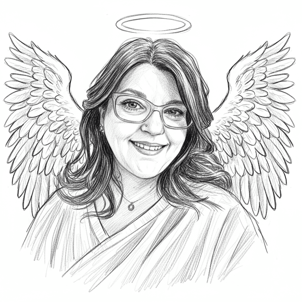 Make her a beautiful angel with a beautiful background