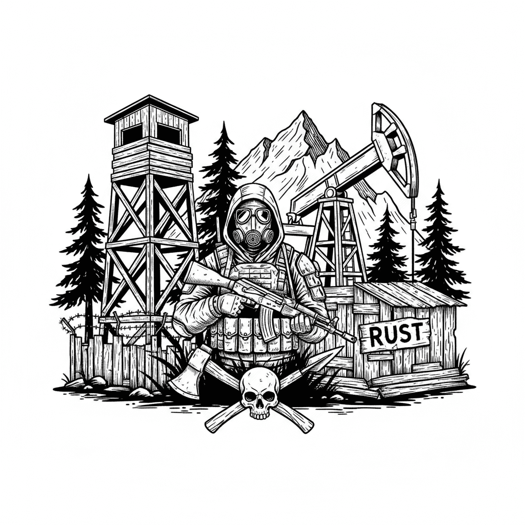 “High-detail black and white vector illustration for a single-color screen-printed t-shirt, inspired by the survival game RUST. A masked survivor holding an AK-style rifle in the center, wearing tactical gear and a gas mask. Behind him: a watchtower, a small wooden base, pine trees, mountains and an oil pumpjack, creating a rugged survival environment. In the foreground: crossed tools (hatchet and spear) with a skull in the middle, symbolizing danger and survival. Art style: bold vintage engraving, hand-drawn pencil sketch look, woodcut / linocut style. Use thick outlines, strong black shapes, and high contrast. No gradients, no grayscale, no shading with dots — only solid black and white areas. Clean vector linework suitable for silk screen printing. Centered composition, t-shirt graphic, print-ready, no background.