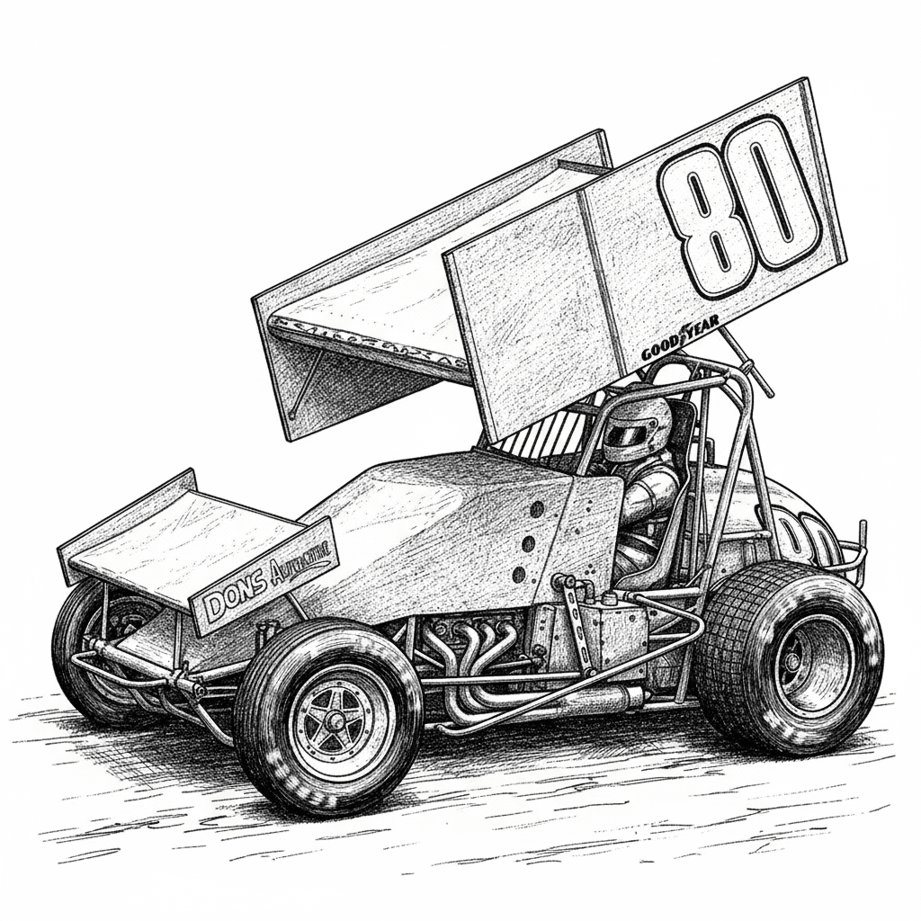 Create a high-contrast black and white 3D bas-relief image of THIS SPRINT CAR, sculpted, HIGH RESOLUTION, intricate details, cinematic lighting, 8k resolution, ,DIRT RACE TRACK AND white background, suitable for laser engraving