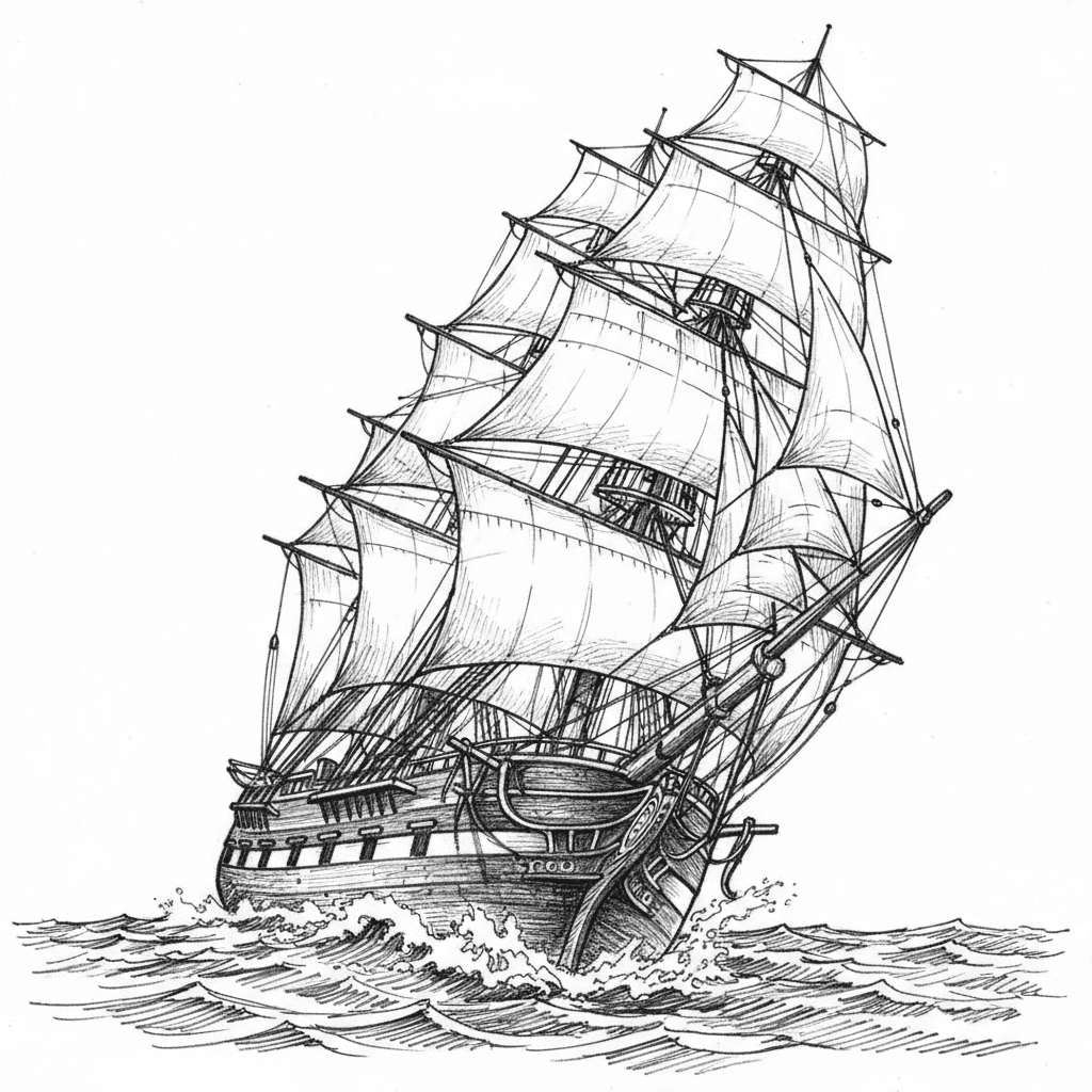 Create a image of a three masted tall ship sailing in a rear view healed to the port side.