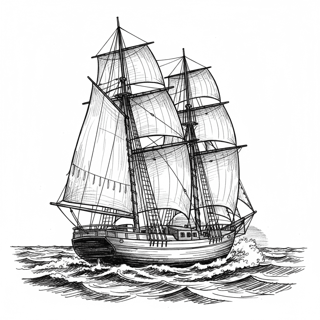 create a image of a schooner sailing away at a 3/4 rear view