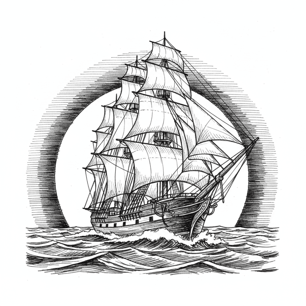 create a image of a three masted tall ship sailing into a sunset at a 3/4 view