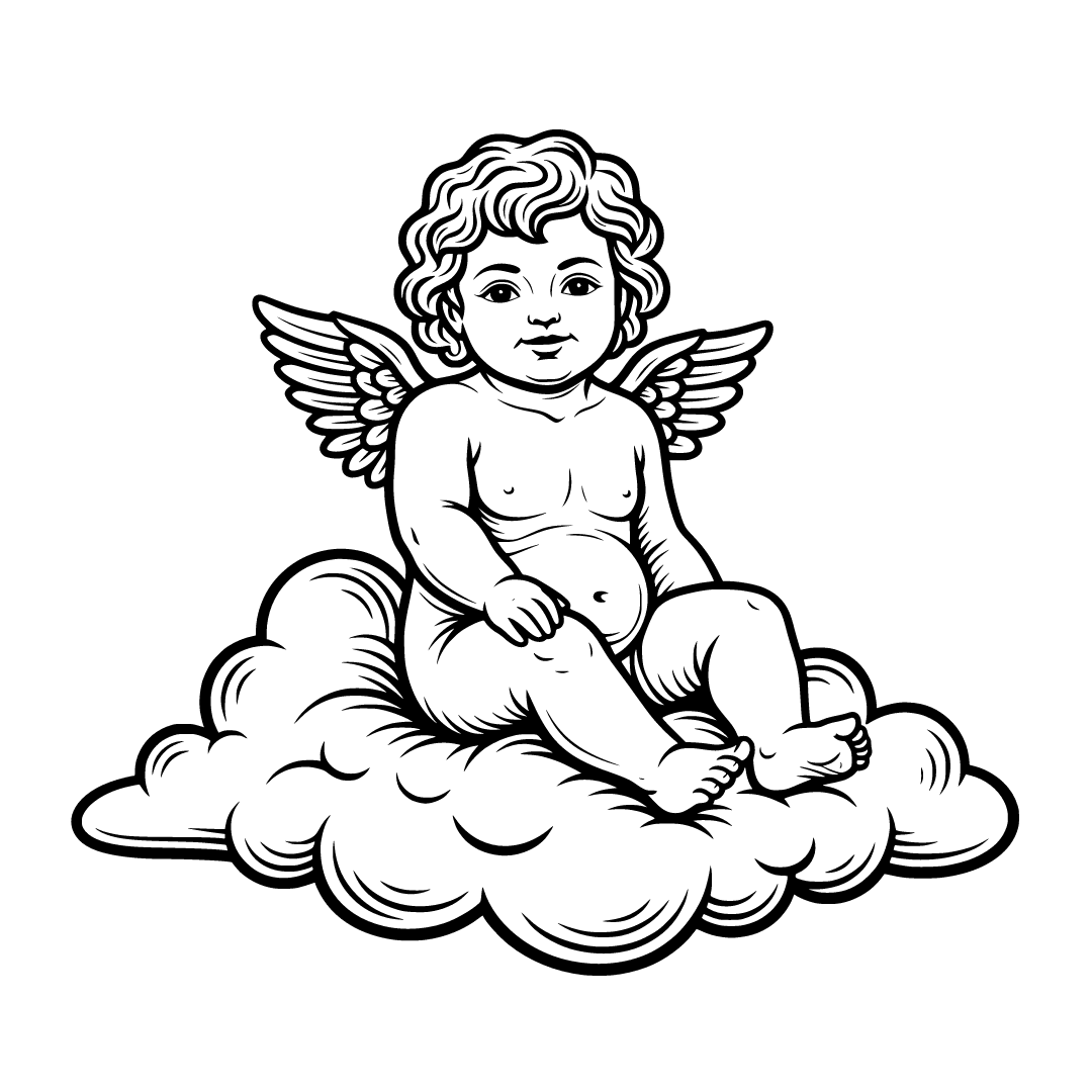 cherub with small wings, childlike innocent face, curly hair, sitting ...