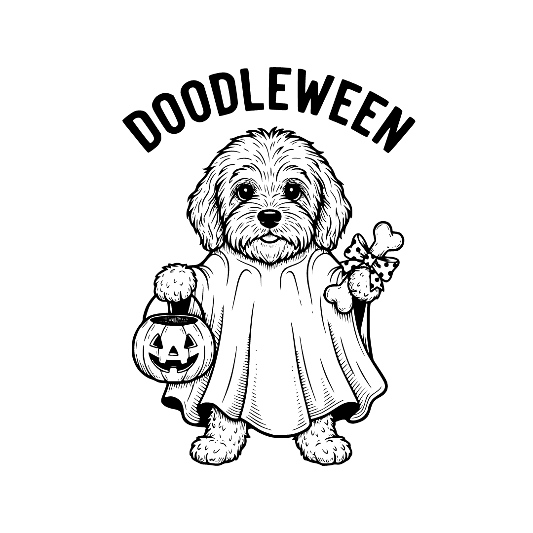 Cute fluffy dog character dressed as ghost for Halloween, doodle breed ...