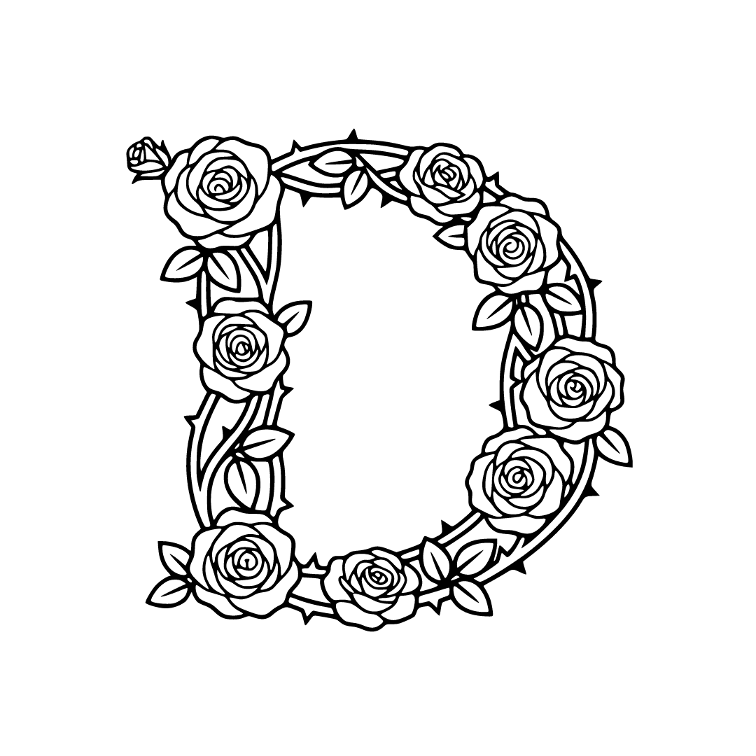 Letter D made with roses, black and white SVG vector style - Free SVG ...