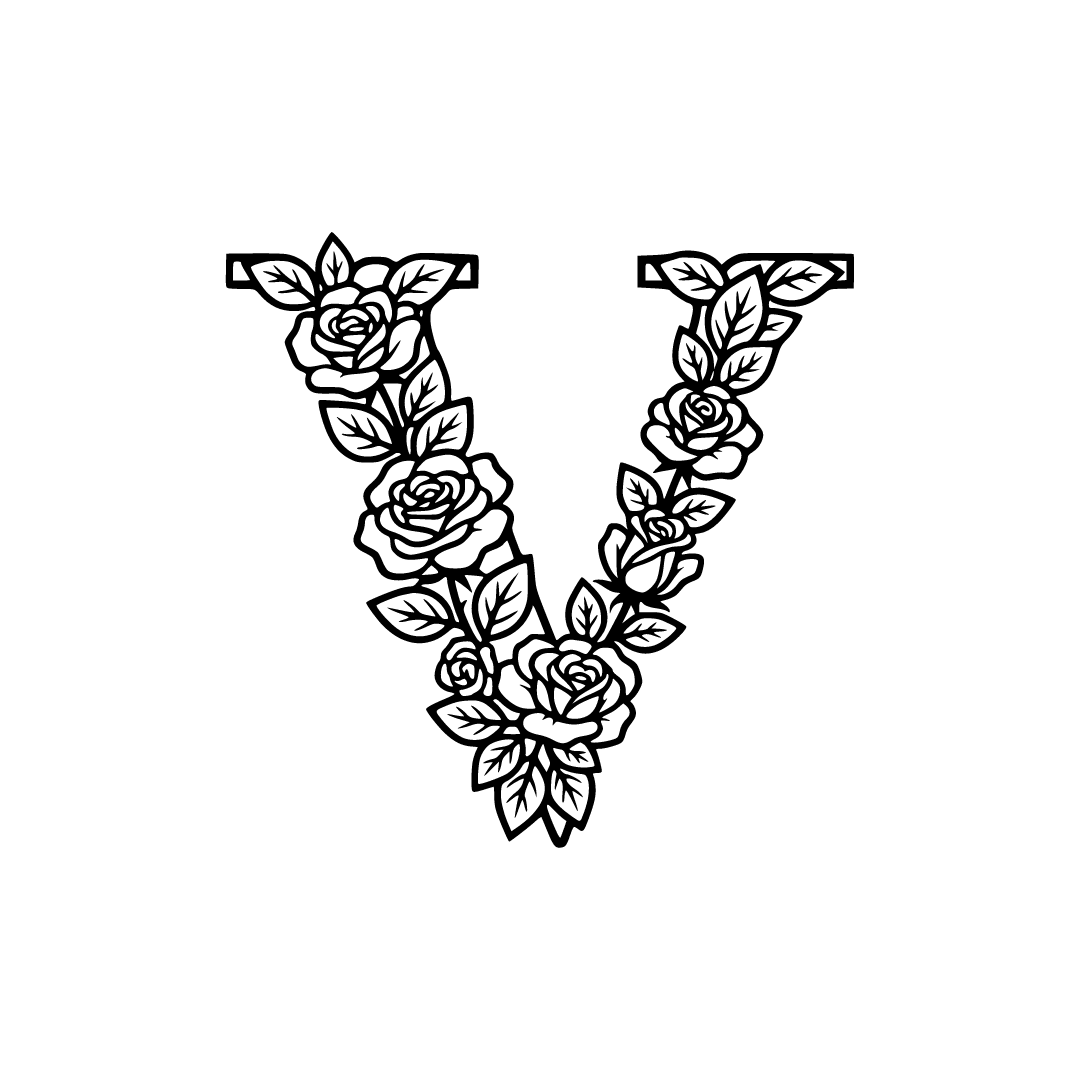 Letter V made with roses, black and white SVG vector style - Free SVG ...