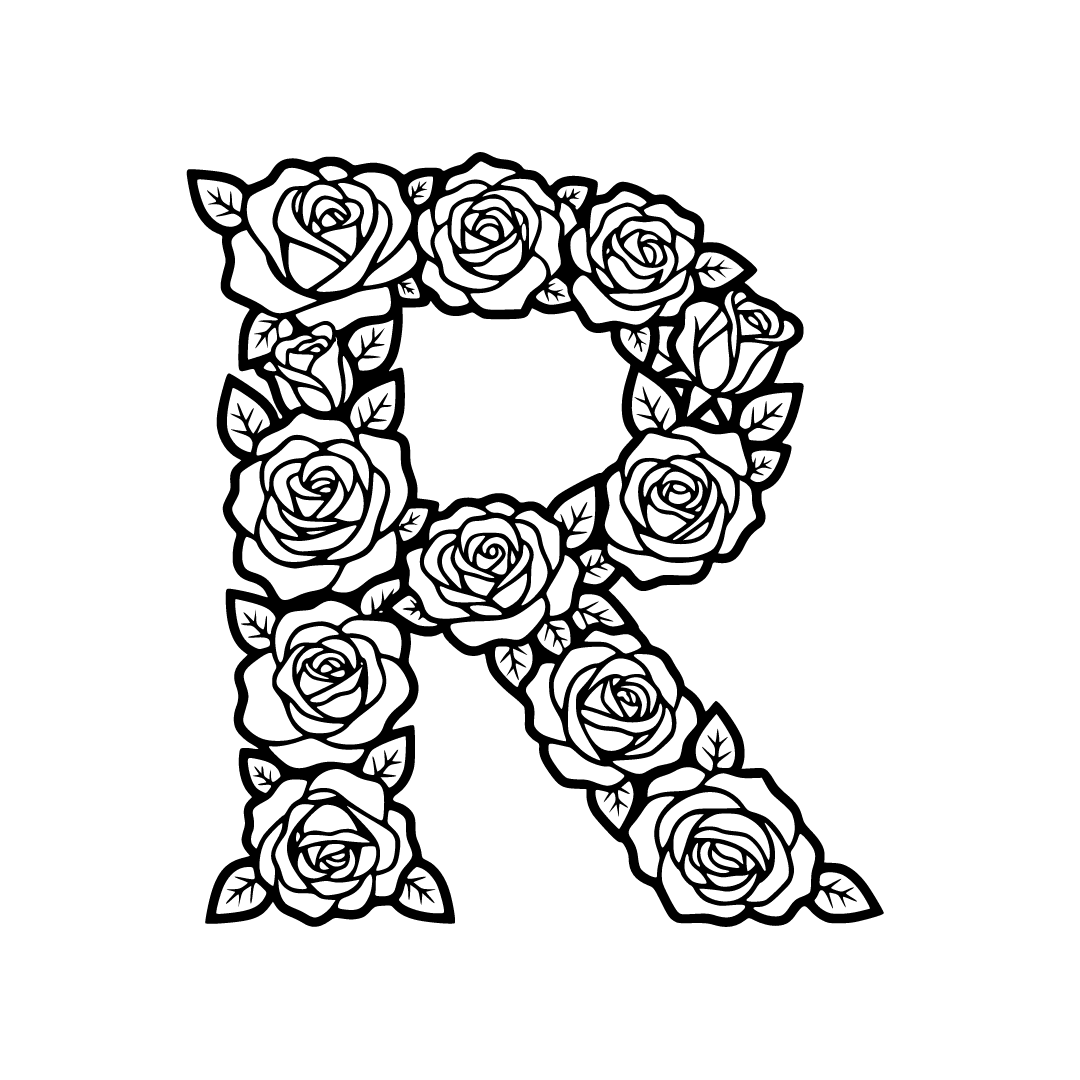 Letter R made with roses, black and white SVG vector style - Free SVG ...