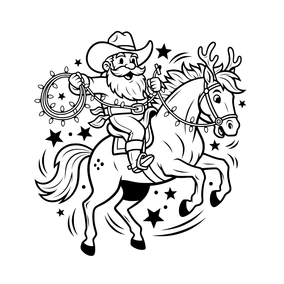 A cowboy Santa riding a bucking bronco instead of a sleigh, lasso in ...