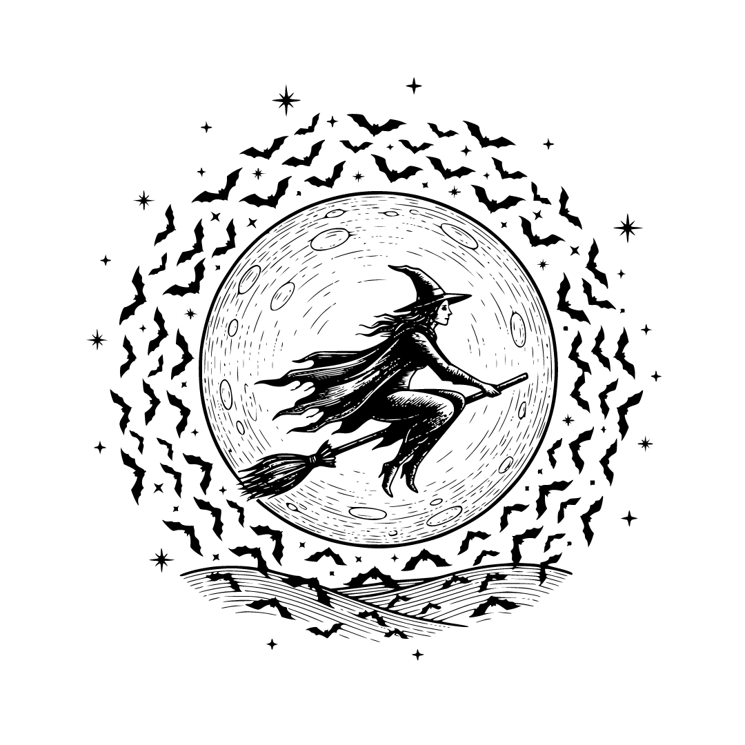 A witch silhouette flying on a broomstick across a full moon ...