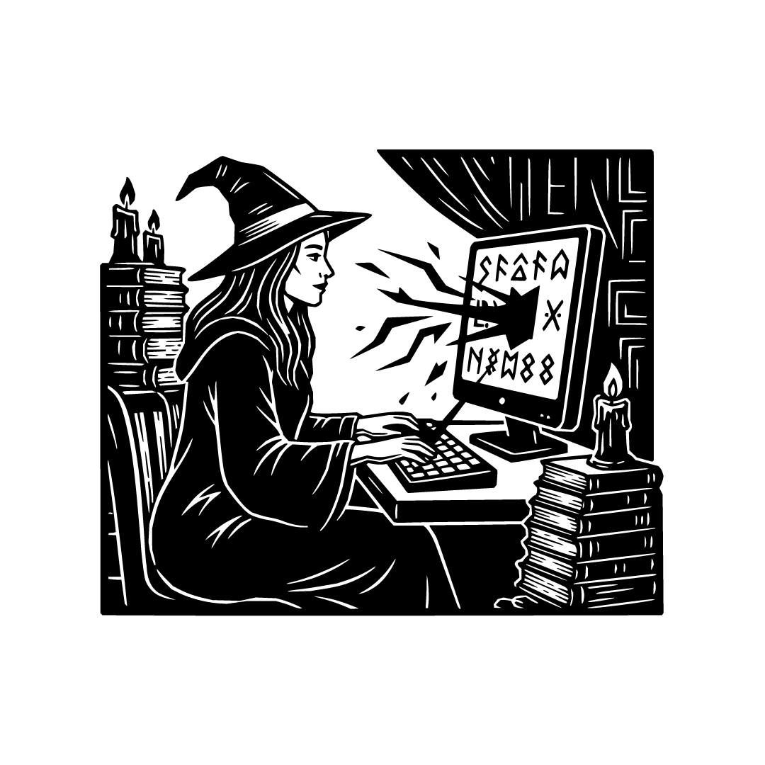 Beautiful witch in traditional robes typing on a glowing magical ...