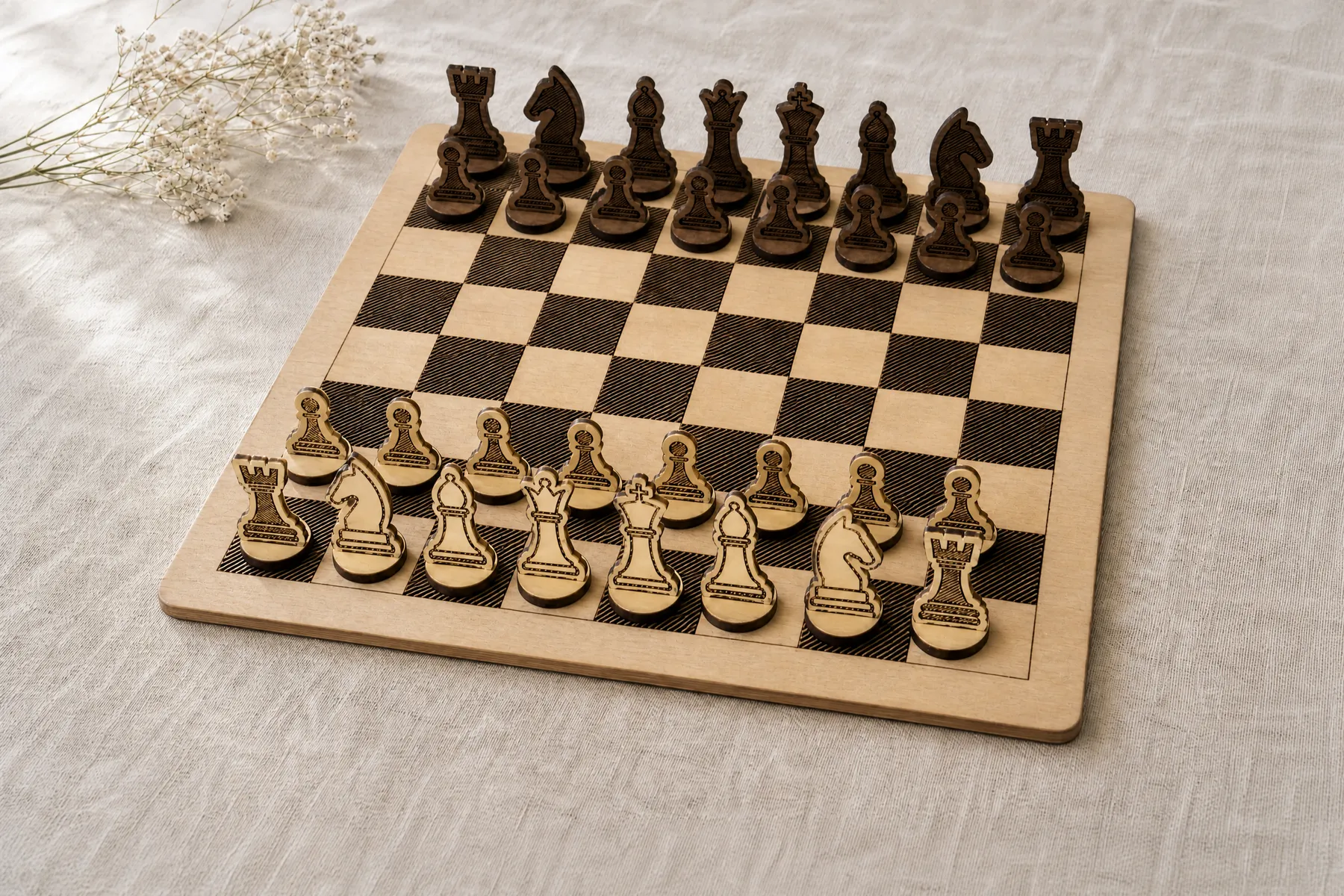 A laser-cut wooden chess set: a scored birch board with hatched dark squares and flat pieces standing in round bases