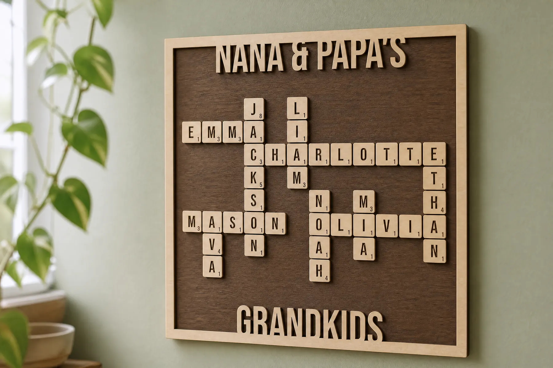 A wooden crossword sign with family names on letter tiles, framed, with the words Nana & Papa's Grandkids
