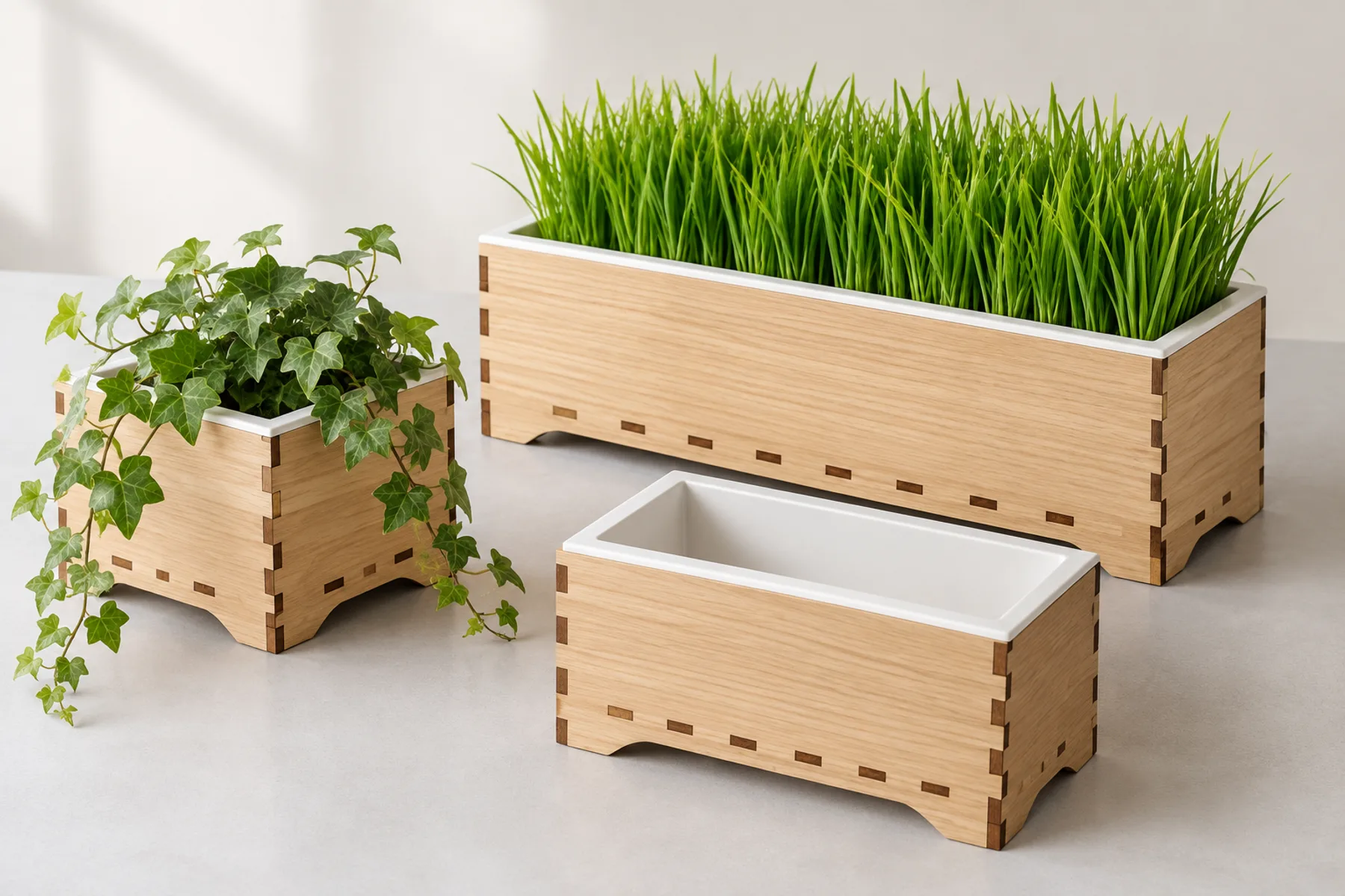 Three wooden desktop planters on feet with white 3D-printed liners, one with wheatgrass, one with a trailing ivy and one empty, on a light grey table
