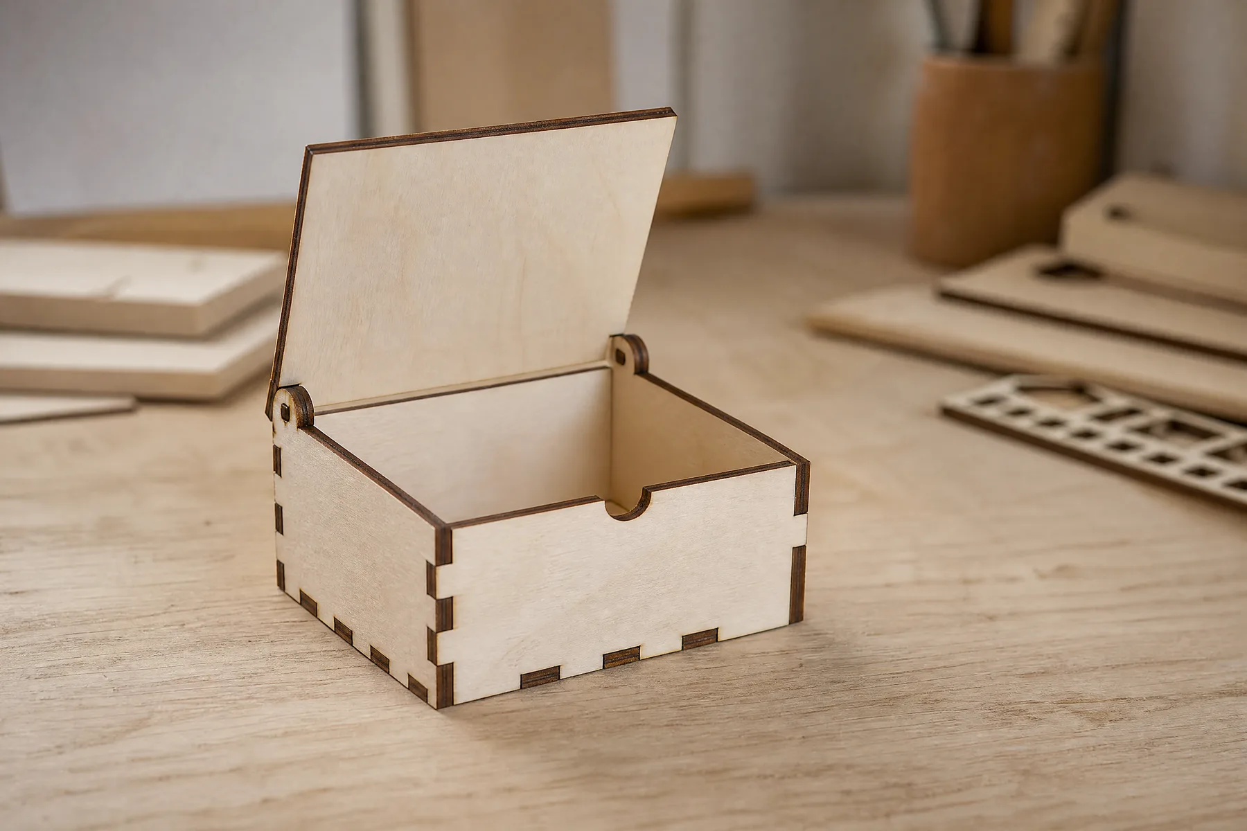 A laser-cut plywood box with finger joints and a lid that swings on built-in hinges