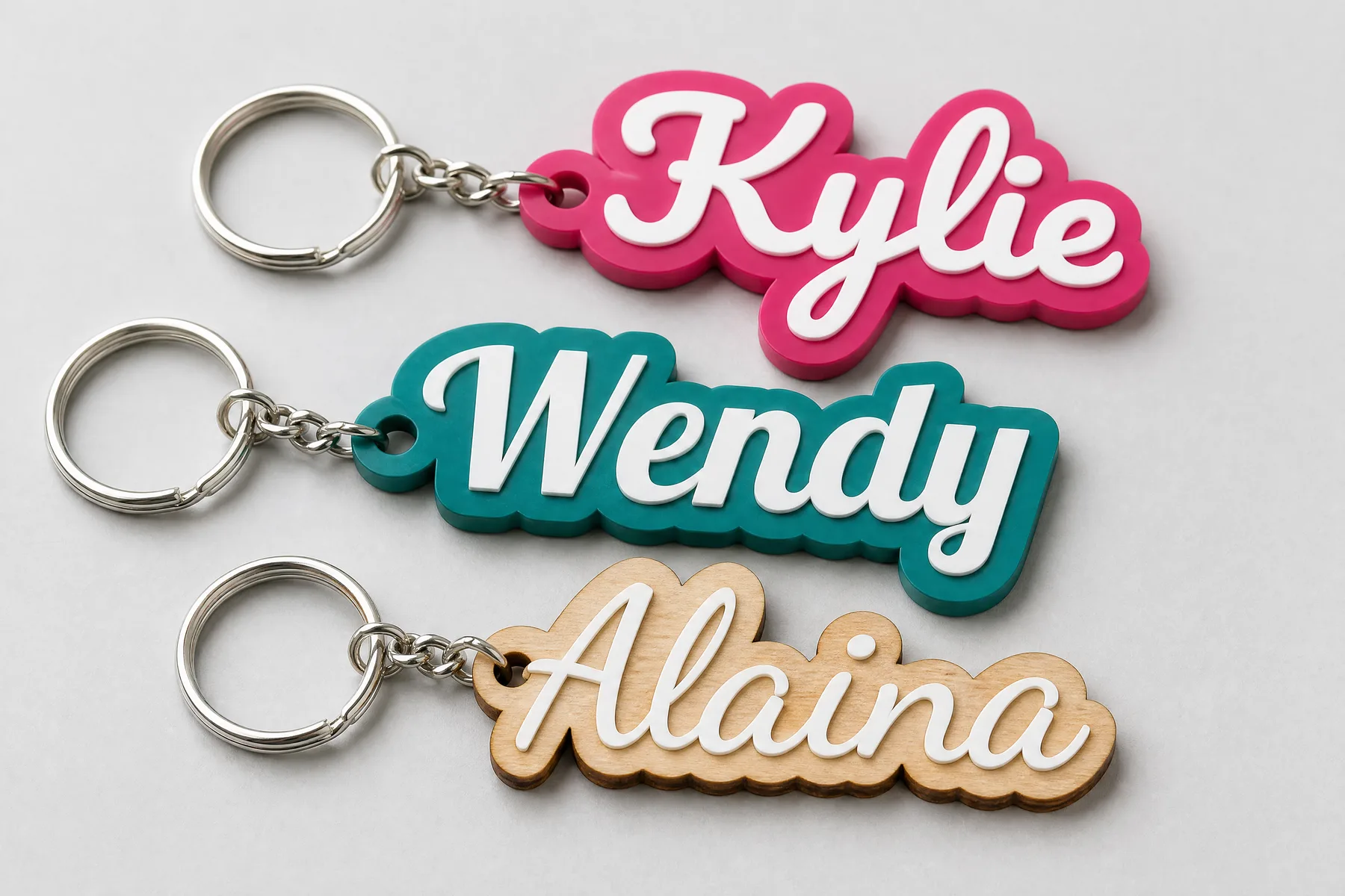 Three layered name keychains: white lettering on pink acrylic, teal acrylic and birch plywood, each on a silver keyring