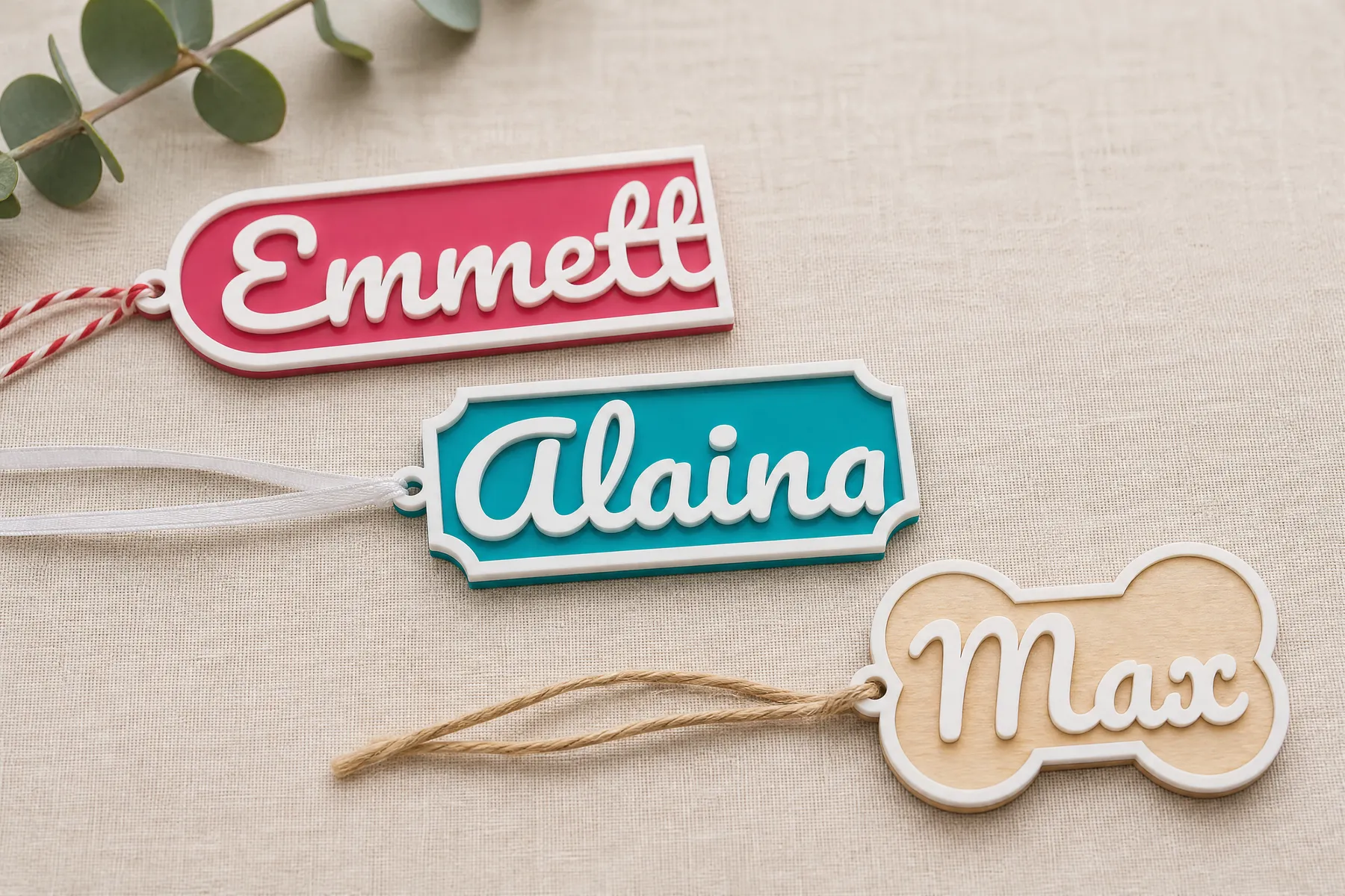 Personalized two-layer name tags in acrylic and wood with a raised frame and name, tied with twine and ribbon