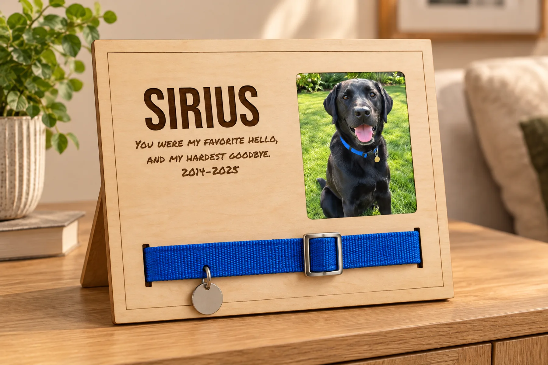 Wooden pet memorial frame with the name Sirius and a short message engraved, a photo of a black dog and a blue collar across the bottom, standing on a table