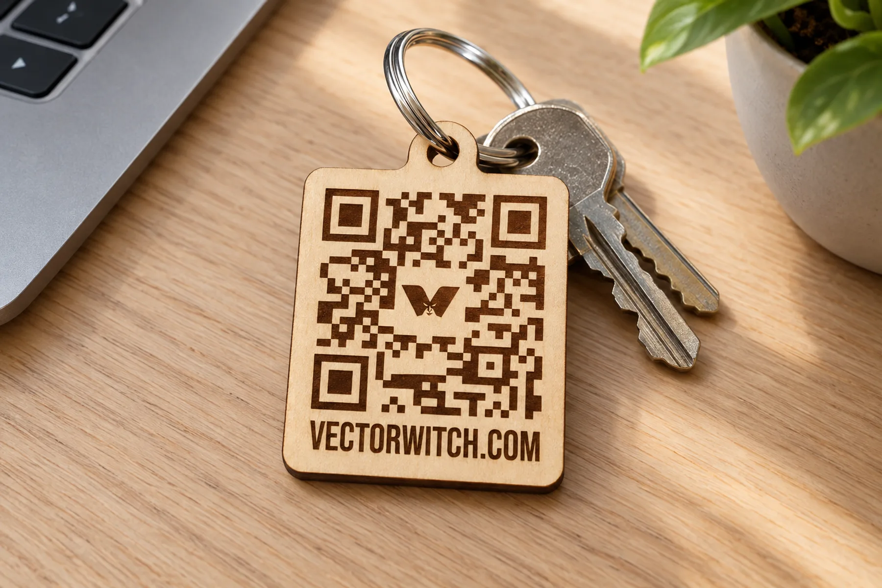 Laser-engraved wooden QR code tag with the VectorWitch mark in the centre of the code and VECTORWITCH.COM engraved under it, hanging from a key ring