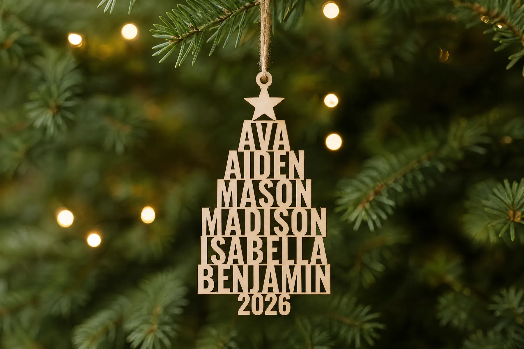 Laser-cut wooden Christmas tree ornament made of stacked family names, with a star on top and the year at the bottom, hanging on a fir branch