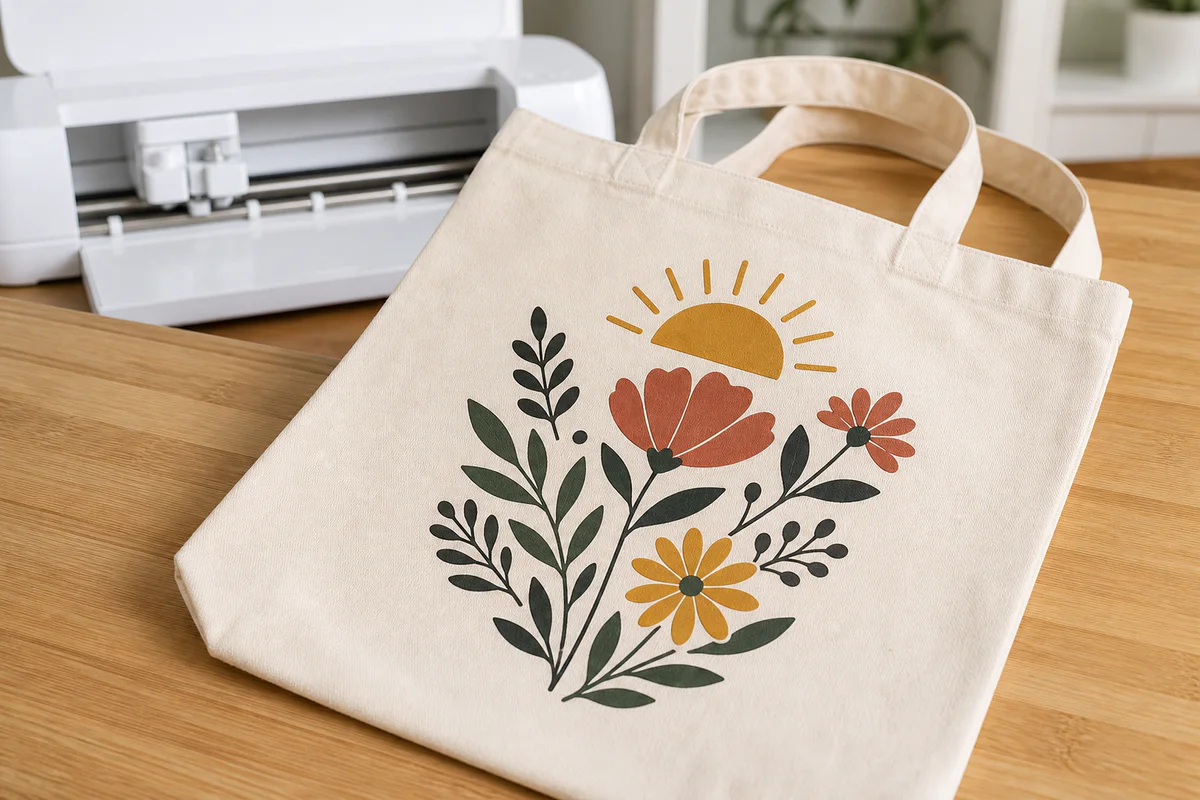 Borsa in tela con motivo floreale in vinile a strati accanto a una macchina da taglio