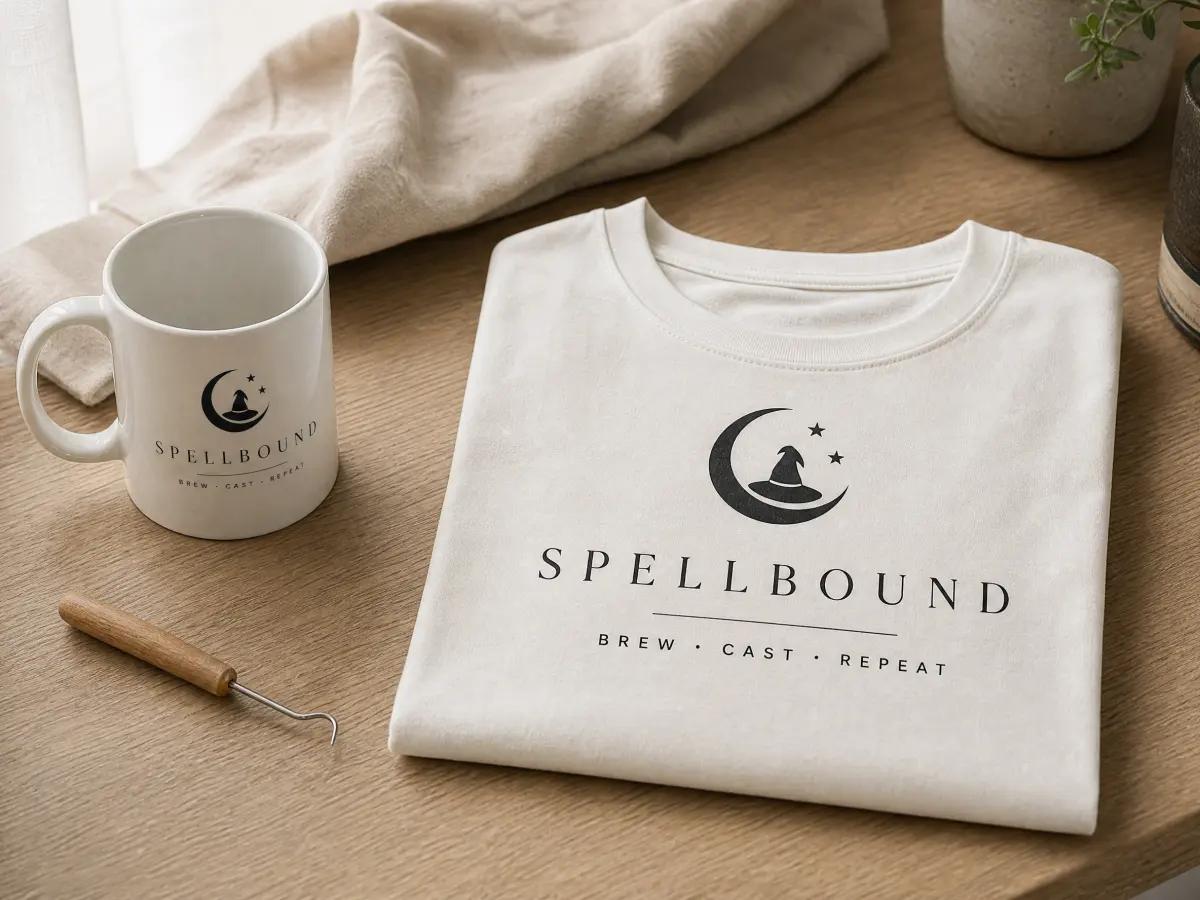 Mug and t-shirt with a black vinyl witch emblem reading Brew Your Own Magic, cut from an SVG file