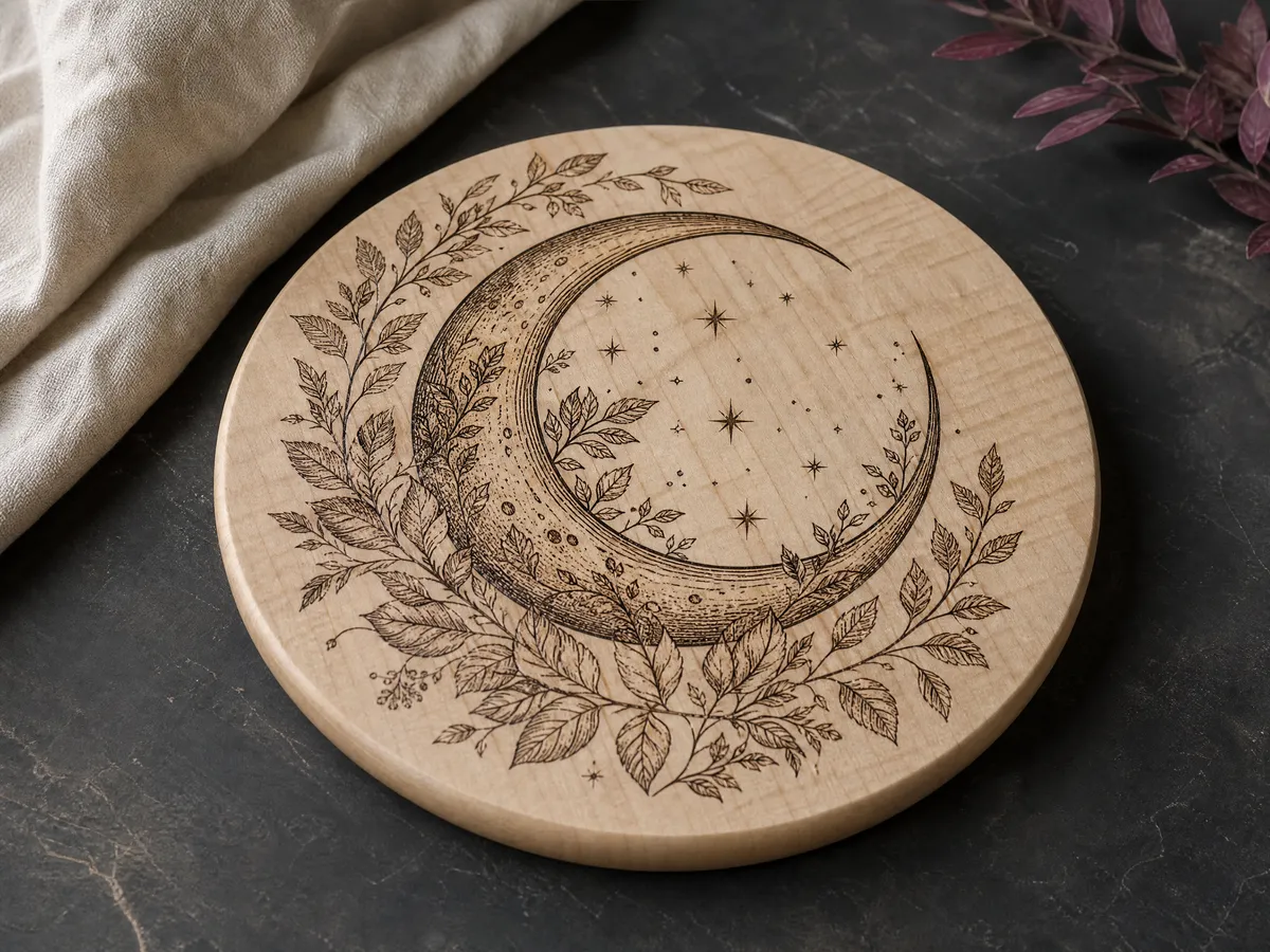 Wooden coaster and leather card holder laser engraved with a fern design