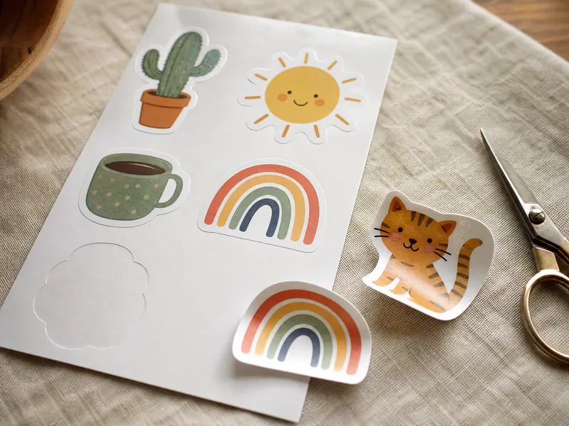 Sheet of colorful die-cut stickers made with print then cut